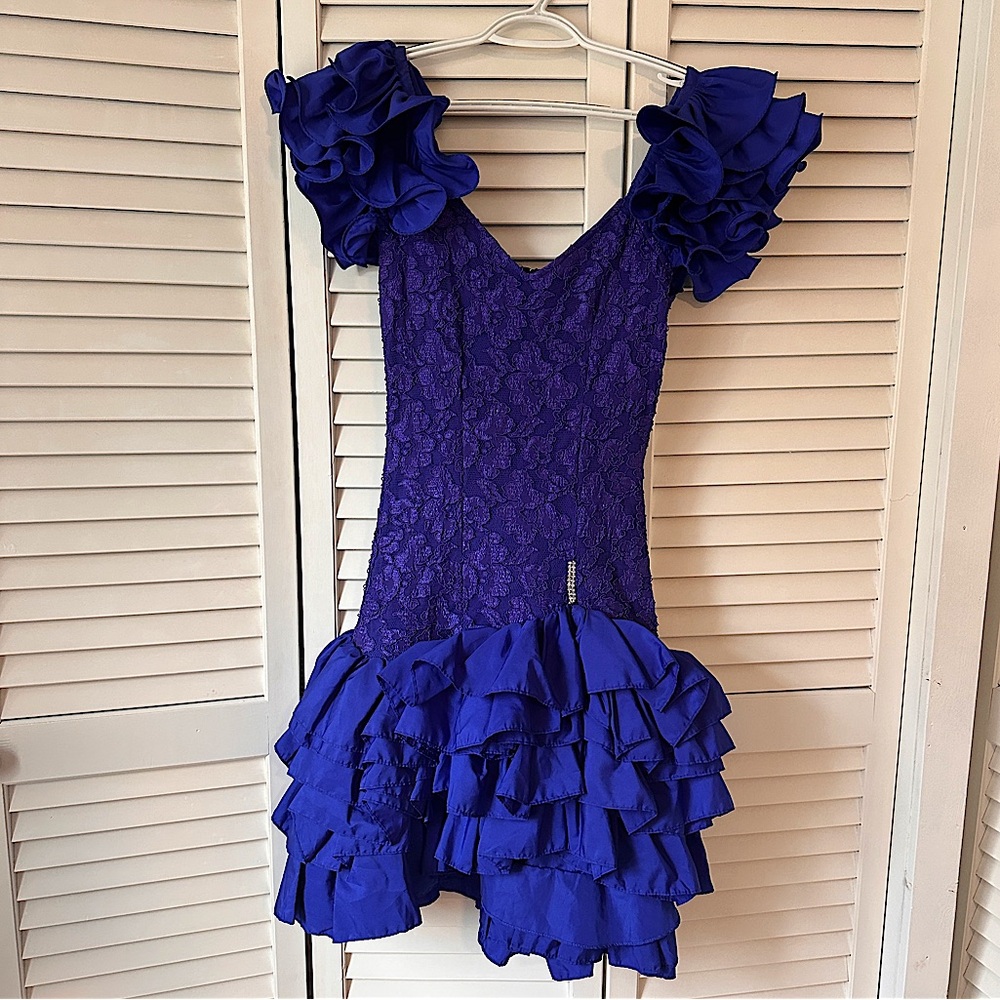 Vintage 1980’s Night Moves New York, lace & ruffle dress w/ embellishment
